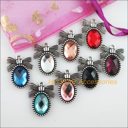 8Pcs Tibetan Silver Tone Retro Knot Oval Mixed Crystal Charms Pendants 19.5x24.5mm