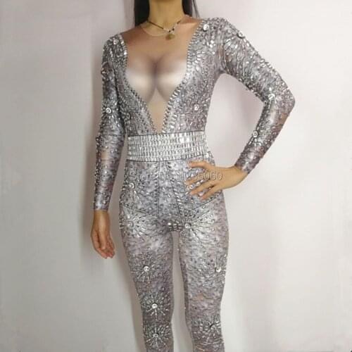 Sparkly Rhinestones Jumpsuit Female Costume sexy Crystal Leotard jumpsuit Bar Club DJ DS show Singer Dancer Compere stage outfit