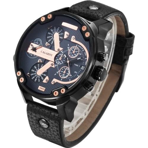 Cagarny Cool Men Watch Black Leather Strap Mens Quartz Watches Dual Time Zones Military Relogios Masculino Fashion Male Clock