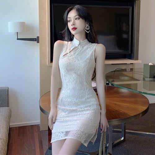 Cheongsam Bodycon Dress Lace Hollow Out Off Shoulder Female Summer Vintage Style Elegant Sexy Stand Dresses Woman Fashion