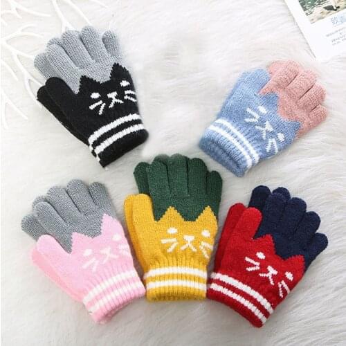 Winter Warm Baby Gloves Cute Cat Prints Stretch Mittens Kids Boys Girl Soft Knitting Patchwork Full Finger Gloves