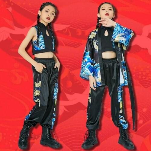 Children Jazz Costume Chinese Style Hip Hop Clothes Blue Printed Tang Suit Girls Sweatshirt Tops Performance Stage Wear DNV14385