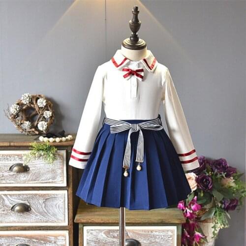 DFXD New Toddler Kids Set 2018 Girls Clothes Set Long Sleeve Turn Down Collar Bowknot Blouse+Pleated Skirt Princess Girls Outfit