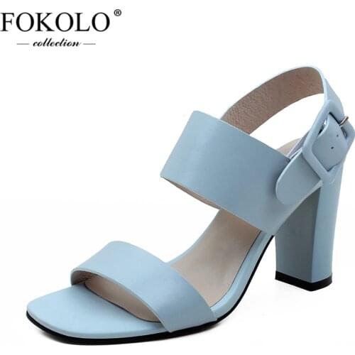 FOKOLO Women Sandals Square Head Sheepskin Square Heel High-Heeled Sandals New Summer Solid High Quality Casual Ladies Shoes L27