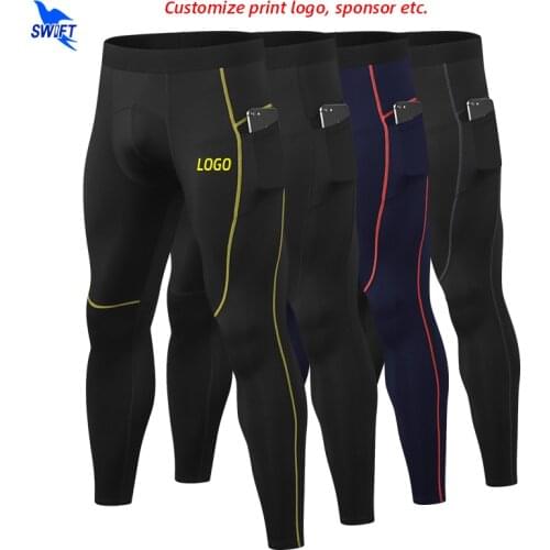 Customize LOGO Compression Pants Men Sports Running Tights Quick Dry Elastic Leggings Gym Fitness Jogging Trousers with Pockets
