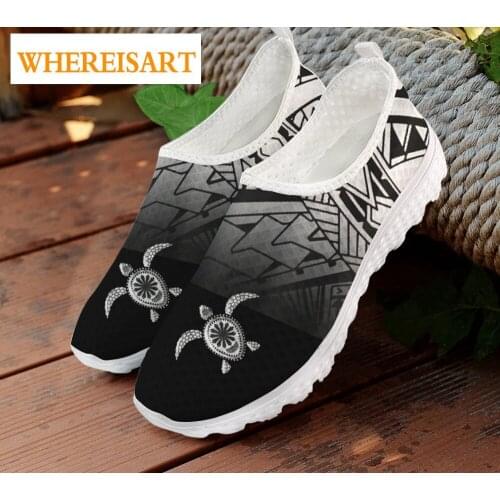 WHEREISART Sea Turtle Tribal Polynesian Printed Womens Flats Shoes Female Breathable Slip-on Mesh Sneaker Zapatos Mujer