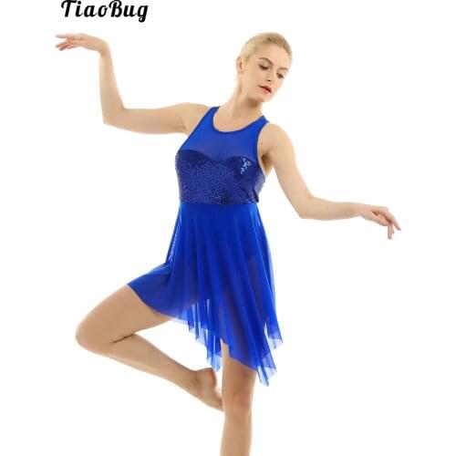 Summer Women Adult Sleeveless Bodysuit Ballet Dance Dress Sequins Asymmetric Mesh Criss Cross Back Leotard