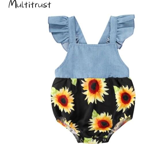 Multitrust 0-24M Summer Newborn Infant Baby Girl Bodysuit Off Shoulder Sunflower Prined Denim Jumpsuit Clothing