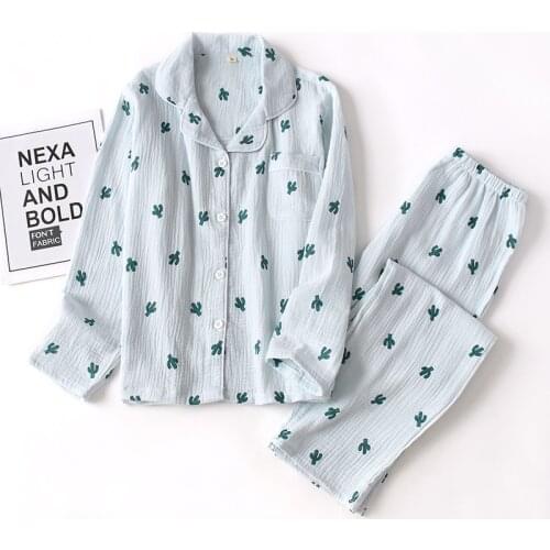 New Crepe Cotton Cactus Printing Pajamas Long Sleeve Trousers Pajama Set Loungewear Women Sleepwear Loose Sleepwear Home Clothes