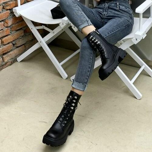 2021 Autumn Winter New Leather Zipper Cross Tied Ladies Ankle Boots Spring Comfortable Thick Round Toe Womens Shoes