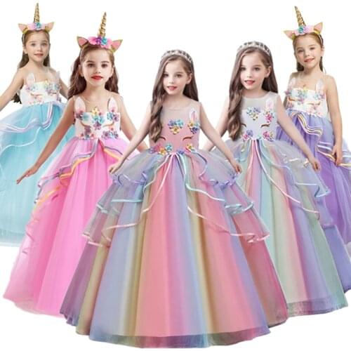Fancy Baby Girl Rainbow Unicorn Girls Dress Party Elegant Children Kids Long Tutu Gown Princess Dresses Teen Girl 10 12 14 Years