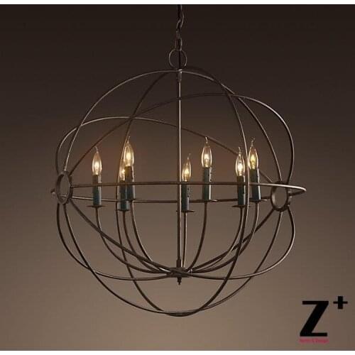 Industrial Diam 50cm 5 lights 1920S FOUCAULTS ORB CHANDELIER Vintage Iron Cage Globe Candle Chandelier
