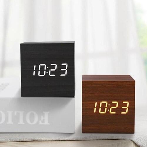 LED Digital Wooden Sound Control Square Snooze Function USB/AAA Electronic Table Alarm Clock Durable Retro Glow Clock