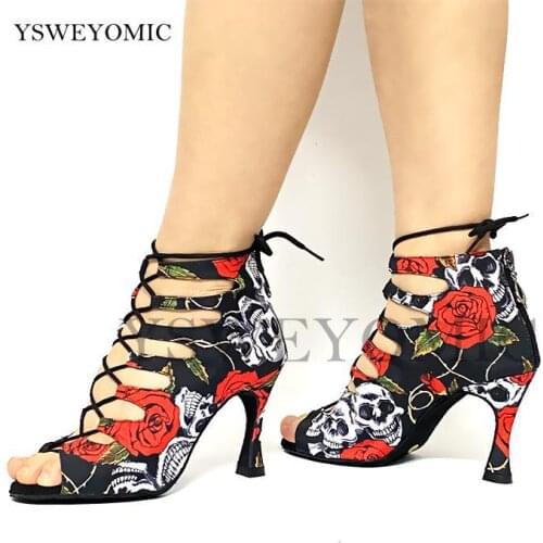 Women Latin Salsa Dance Shoes Girls Halloween Skull Red Color Suede Sole 9cm 10cm Bachata Latin Dance Shoes For Lady