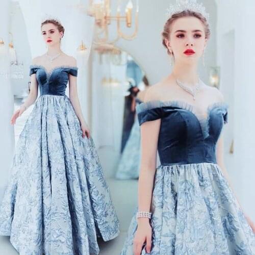 2020 Blue Off Shoulder Flowers Evening Dress Long Formal Luxury Party Dresses Ball Gown vestido de noche LE40754