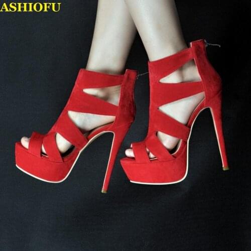 ASHIOFU Handmade Ladies Stiletto Heel Sandals Cut-out Peep-toe Sexy Suede Summer Shoes Club Evening Dance Fashion Sandals Shoes