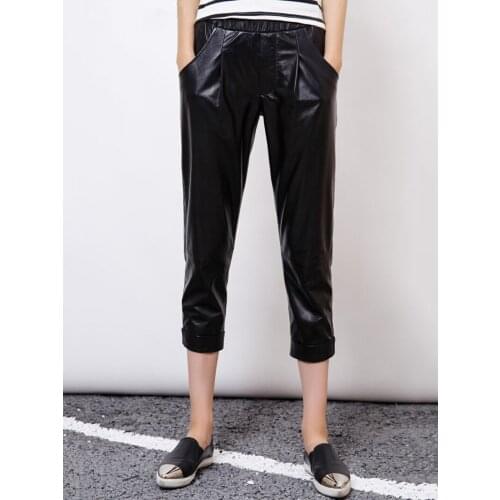 2020 Lambskin Real Harem Women Fashion Black Genuine Natural Leather Ankle Length Pants Female Casual Streetwear
