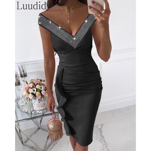 Women Shiny Studded V-Neck Ruffle Hem Ruched Dress