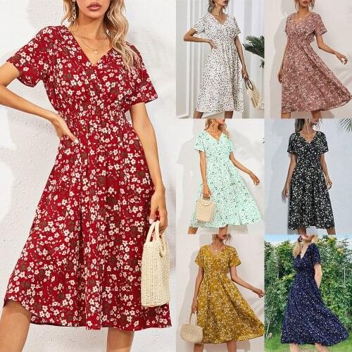 Women Bohemian Skirt Dress V-Neck Short Sleeve Floral Printed Chiffon Dress Sundress Formal Ladies Midi Summer Dress D30