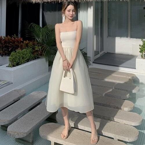 New arrival fashion korean summer midi party dress women elegant chiffon sexy strap backless white simple beach holiday dress