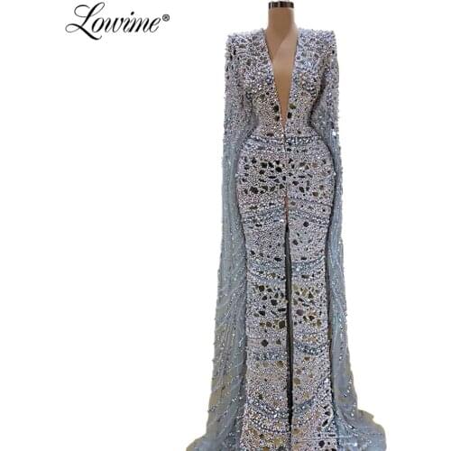 Robe De Soiree Luxury Beaded Crystals Evening Party Dresses Long 2020 Capped Sleeves Mermaid Prom Gown With Cape Prom Dress