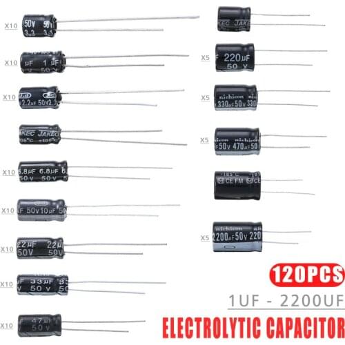 120pcs 50V 15 Values 1UF 2.2UF 3.3UF 4.7UF 10UF 22UF 33UF 47UF 100UF 220UF Aluminum Electrolytic Capacitor Fixed Assortment Kit