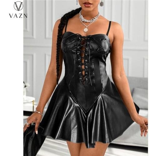 VAZN 2021 Autumn High-end Black Leather Sexy Club Little Chap Spaghetti Strap Cross Bandage Joker Young Vestidos For Female