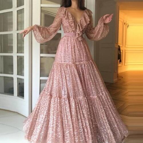 2021 Glittery Gold Long Sleeve Prom Dresses V Neck Sparkly Formal Evening Party Ball Gown Robe De Soiree