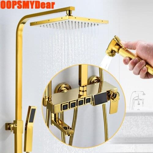 Digital Shower Set Bathroom Gold Thermostatic Shower System Wall Mount Square Head Bath Faucet Bathtub Hot Cold Mixer Torneira