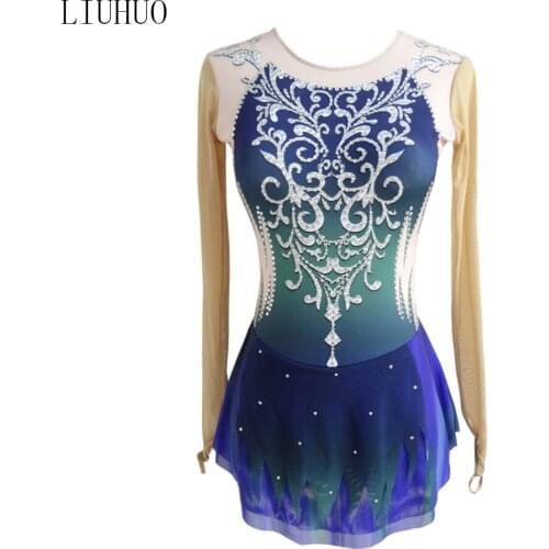 Girls dance wear Skating dance costumes Children Blue and white porcelain Ice Skate Dresses training costumes