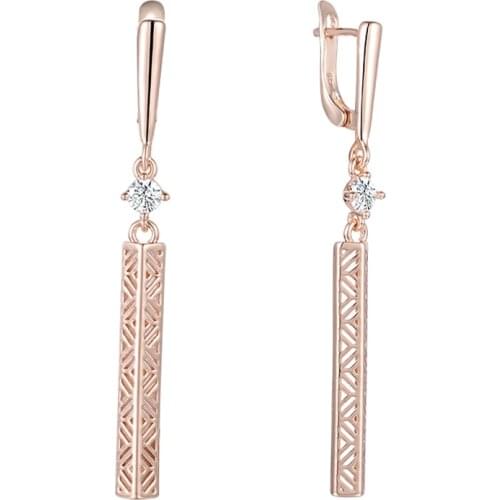FJ Women Long Earrings 585 Rose Gold Color White Stone Rhombus Drop Party Earrings