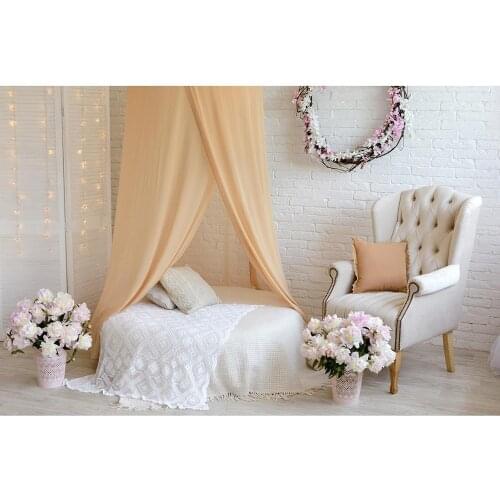 White Brick Wall Bed Garland Flowers Photography Background Custom Backdrop for Children Baby Portrait Photoshoot Fond Photo