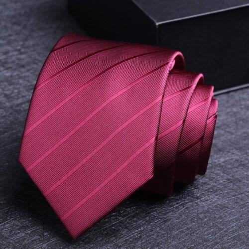 2021 New High Quality Wine Red Striped Mens Tie 8cm Polyester Silk Business Wedding Party Anniversary Neckties Gift Box