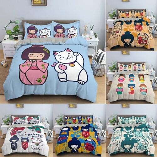 3D Cartoon Japanese Doll Bedding Set Duvet Cover Pillowcase King Queen Twin Size Bed Sets 2/3pcs