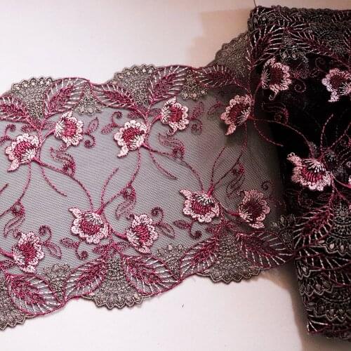 1Meter 17CM Width Pink Flowers Embroidered Lace Trim Black Tulle Bra Lingerie Underwear Clothes Accessory Handmade Sewing Fabric