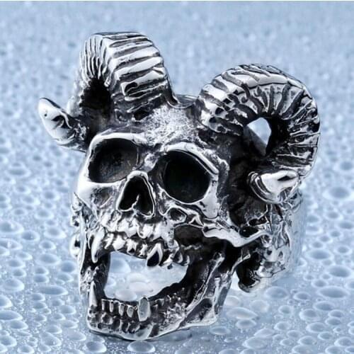 Personality Silver Plated Sheep Head Skull Ring for Men Women Motorcycle Party Gothic Punk Devil Satan Ring Halloween Jewelry