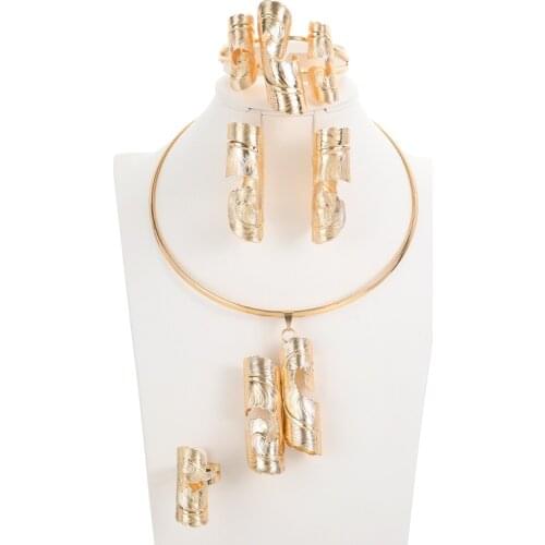 Hot Nigeria Dubai Gold color jewelry sets African bridal wedding gifts party for women Bracelet Necklace earrings ring set