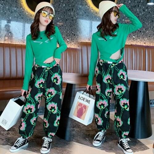 Fashionable Teenage Girls Clothes Long Sleeve Undershirt + Pants Green Floral Print Suit Childrens Autumn New Arrivals Cost