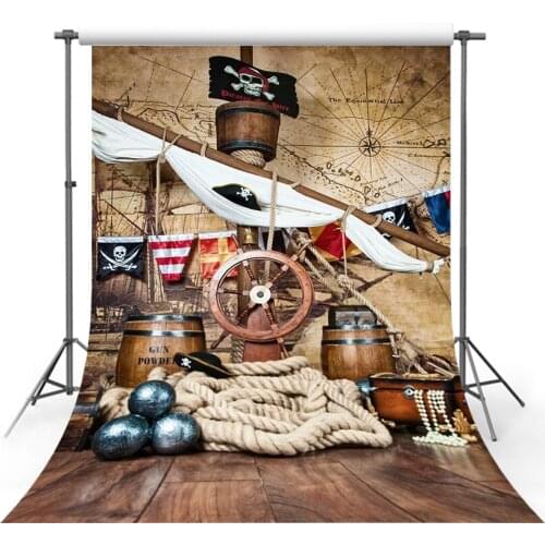 Nautical Backdrop Pirates Ship Deck with Steering Wheel and Flag Phtography Backdrop for Party Decoration Birthday Kids Boy