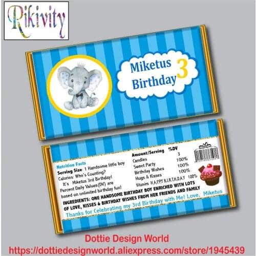 Custom Blue Stripe Elephant Birthday Hershey Chocolate Candy Bar Wrapper Sticker Water Bottle Wine Labels Baby Shower Decoration