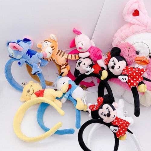 Disney Minnie Figures Plush Headband Mickey Mouse Doll Anime Stitch Headdress Cosplay Model Headband Accessories For Girls Gifts