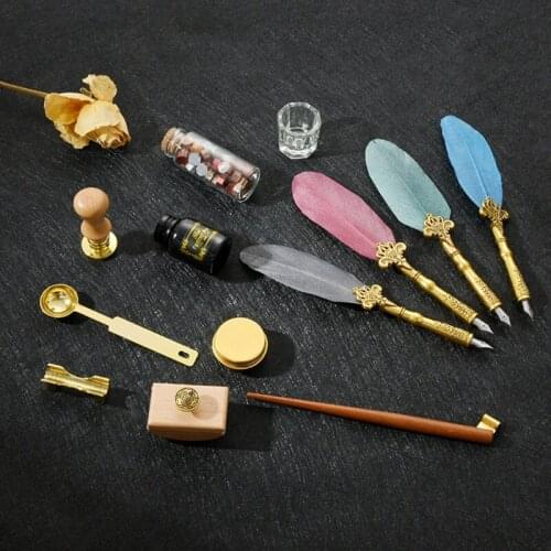 Retro Calligraphy Quill Feather Dip Pen with Nibs Wax Seal Stamp Holder Gift Box Stationery School Supplies C5AE