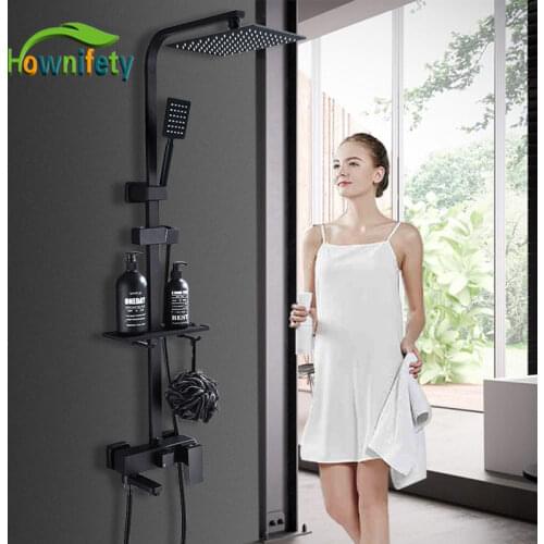 Matte Blacked Shower Faucets Ultra thin Rain Shower Head and hand shower with shelf hot cold Mixer bathroom wash faucets