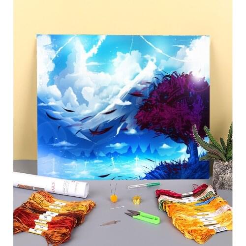 Scenery Blue Wind Printed Fabric 11CT Cross-Stitch DIY Embroidery Complete Kit DMC Threads Sewing Handicraft Painting Magic