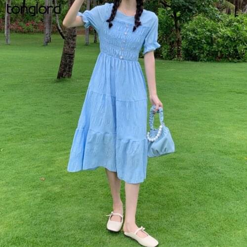 Retro Summer Short Sleeve Chiffon Dress Women Solid Ruffle Sleeve O-Neck Elastic Waist Pleated Button Long Dress Female Vestidos