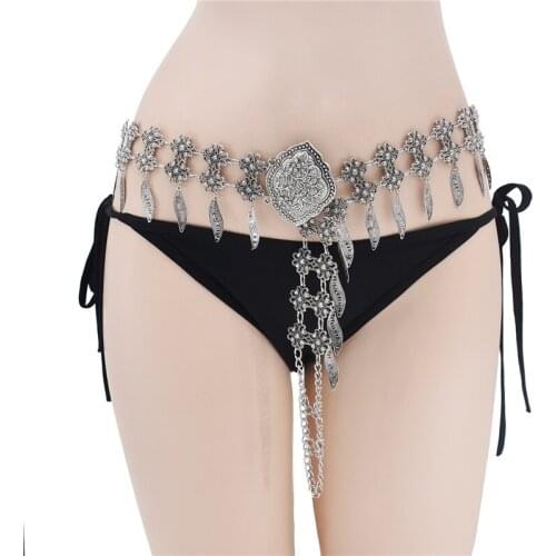 New Ethnic Style Hollow Flower-shaped Waist Chains Women Jewelry Bohemian Alloy Leaf Tassel Waist Chain Dance Cloth Accessories