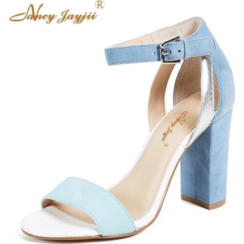 2019 Summer Blue Woman Sandals Ankle Ladies Shoes Chunky Heels Casual Dress Party Fashion Girl Plus Size 45 44 39 Nancyjayjii