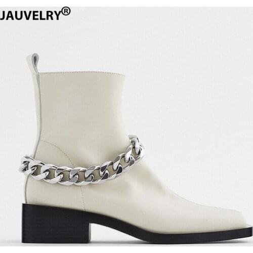 2022 British Style Women Boots Chain Decoration Ankle Boots for Women Brand Designer Side Zip Chunky Heel Platform Shoes Woman