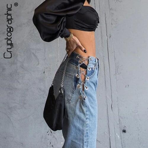 Cryptographic Fashion Chain High Waist Jeans Wide Leg Pants Women Streetwear Harajuku Long Pant Loose