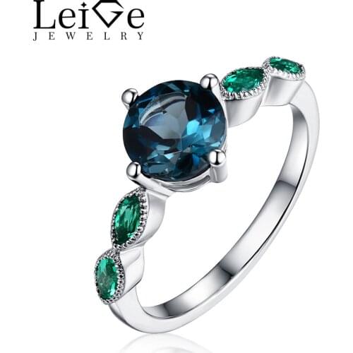 Leige Jewelry London Blue Topaz Ring with Emerald Side Stones Round Cut Sterling Silver Rings for Women Anniversary Gift